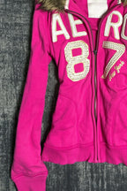 Rhinestone Letter Fur Trim Zip Hoodie