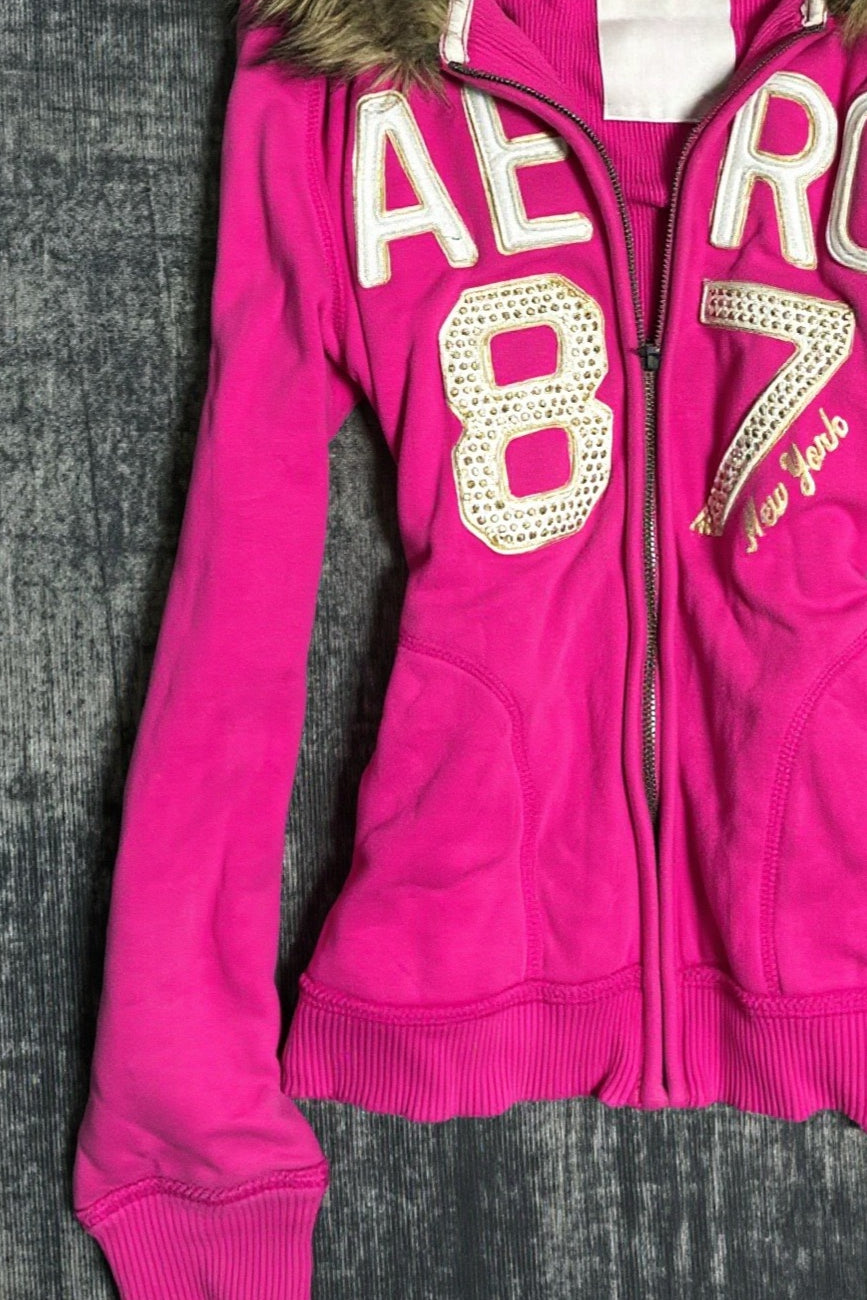 Rhinestone Letter Fur Trim Zip Hoodie