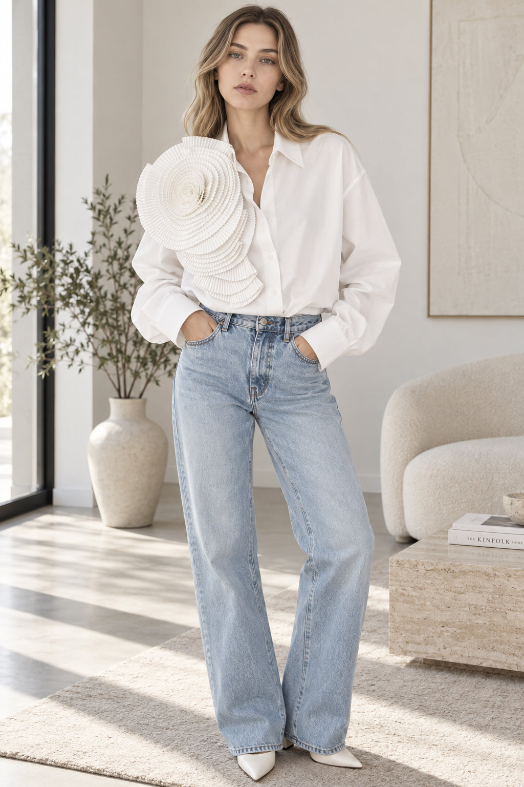 White Floral Drop Shoulder Oversized Dressy Casual Blouse
