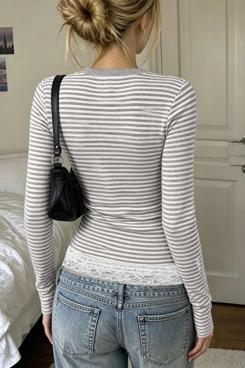 Striped Lace Trim Layered V Neck T-Shirt