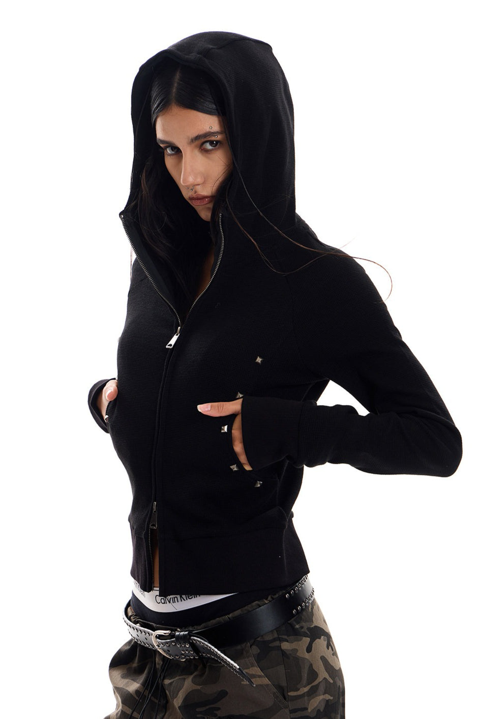 Rivet Trim Fitted Zip Up Hoodie
