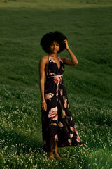 Summer Floral  Pleated Backless Robe Evenning- Midi Dresses
