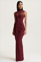 High Neck Mesh Panel Ruched Party Dress