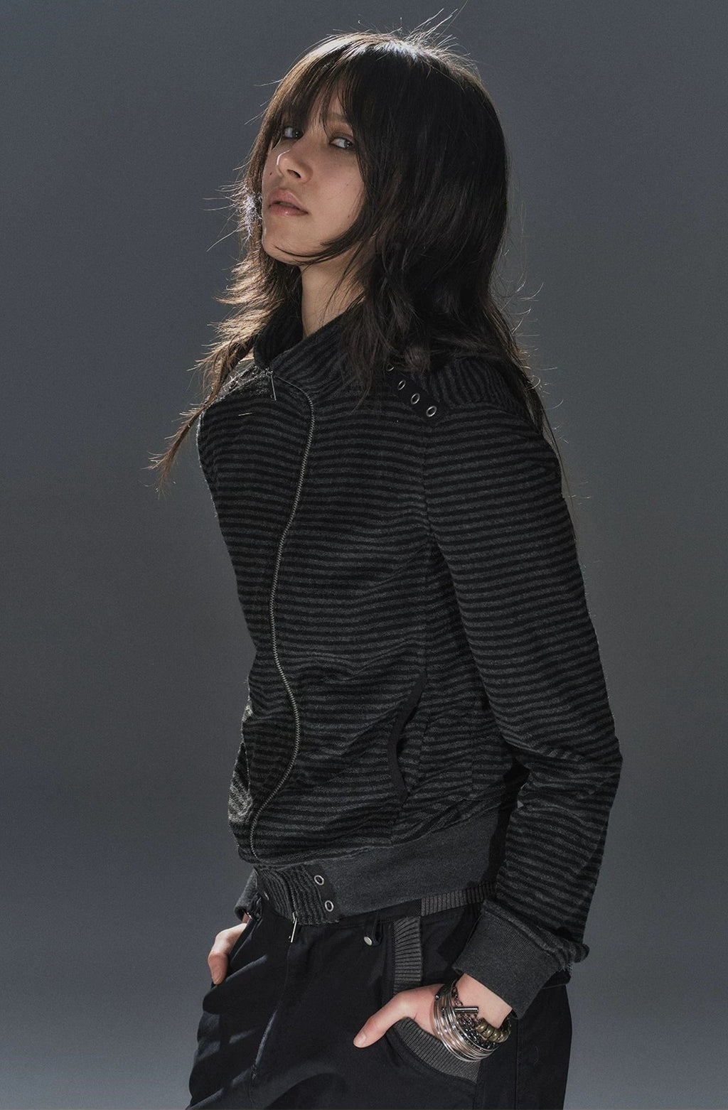 Black Pinstripe Belted Zip Up Hoodie