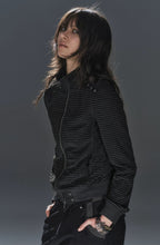 Black Pinstripe Belted Zip Up Hoodie