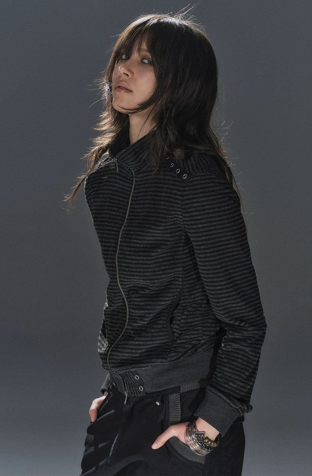 Black Pinstripe Belted Zip Up Hoodie
