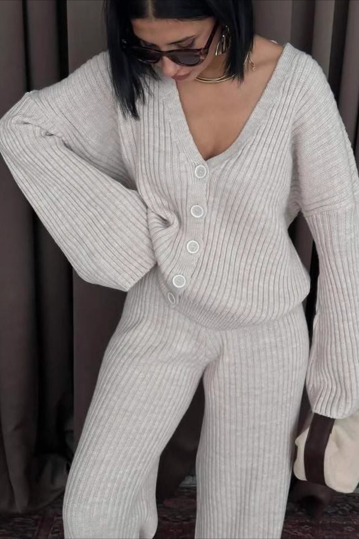 Solid Color Knit Sweater Pants Knit Set