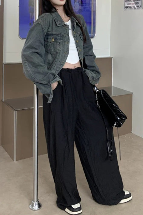 Cropped Solid Denim Jacket Secondary image