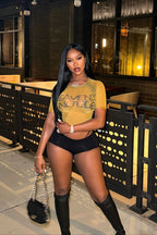 Letter Print Sheer Short Sleeve Crop Top