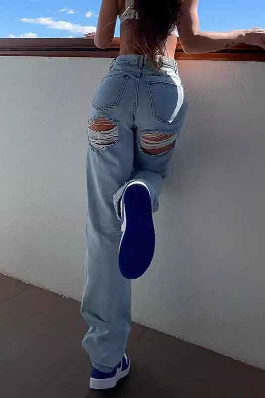 High Waist Ripped Slim Denim Straight Jeans Secondary image