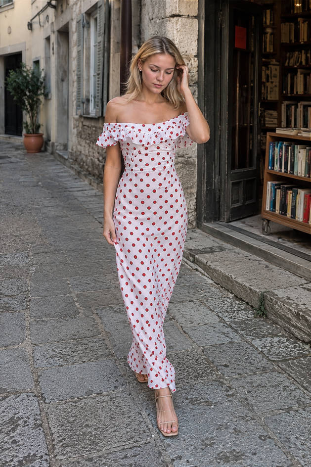 Sweet Ruffle Vacation Polka Dot Maxi Dress