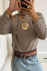 Striped Asymmetric Neck Wrap Retro Color Block Crop Top