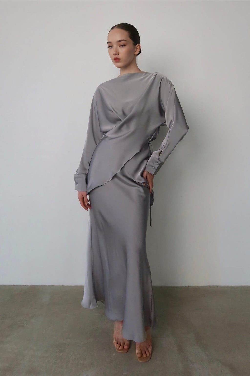 Solid Satin Cinched Waist Skirt Set