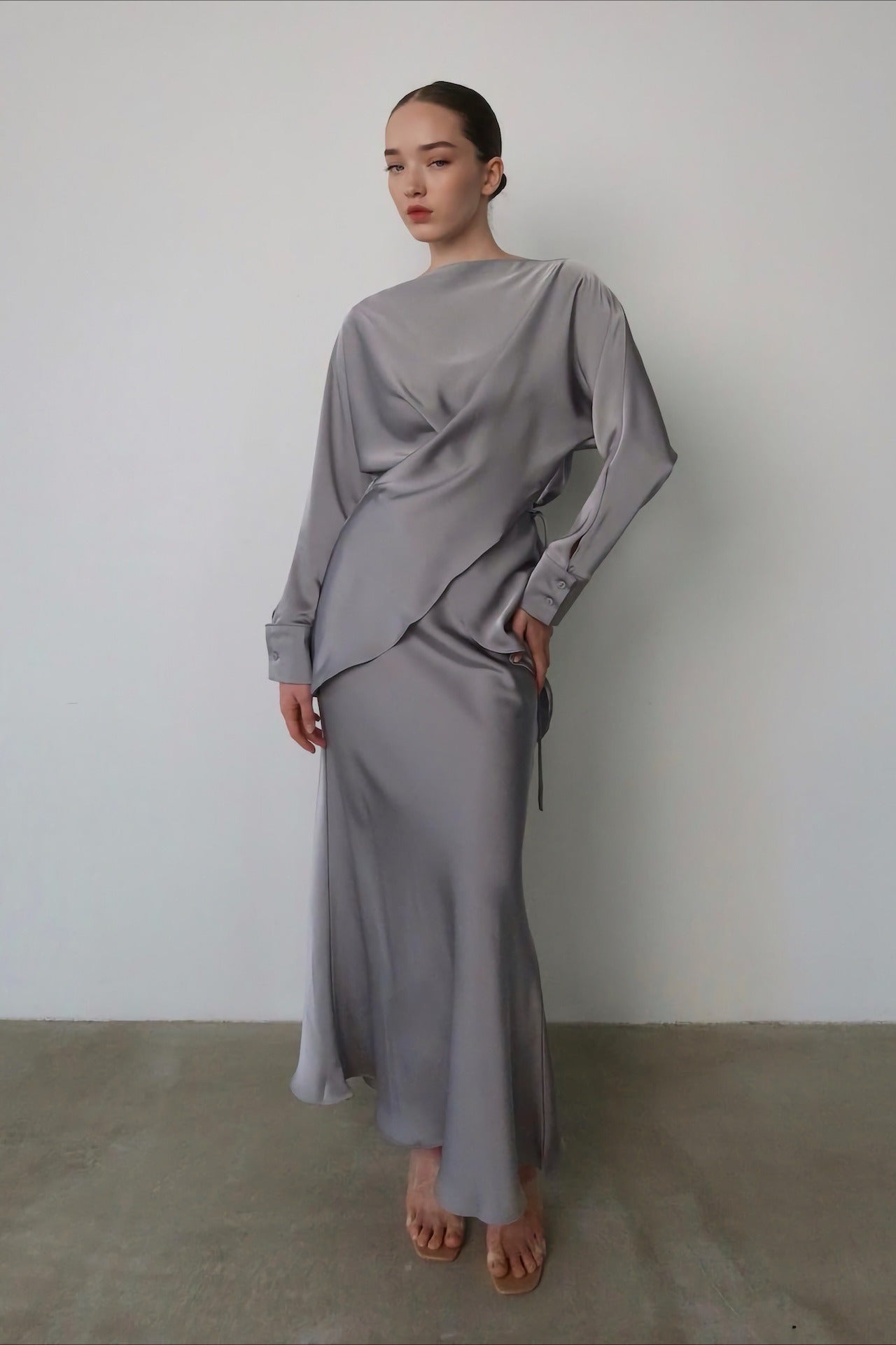 Solid Satin Cinched Waist Skirt Set