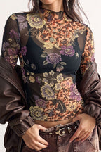 Floral Animal Print Mesh Long Sleeved T-shirts