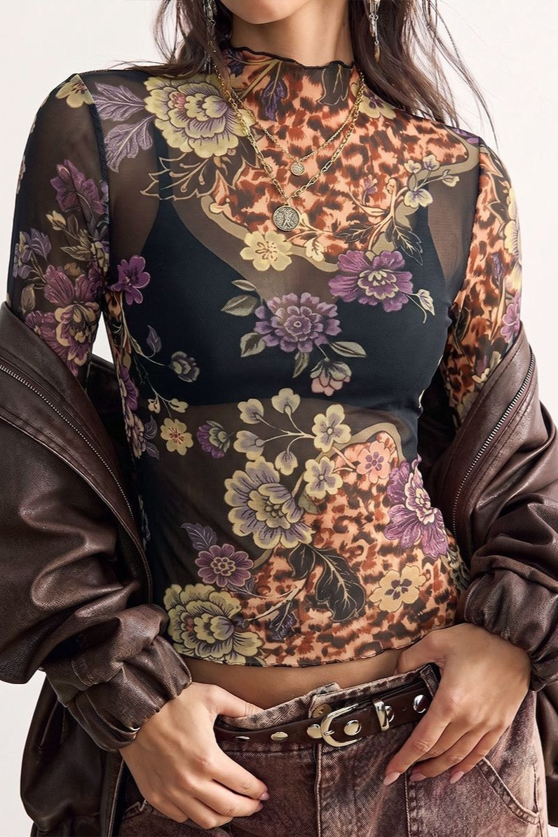 Floral Animal Print Mesh Long Sleeved T-shirts