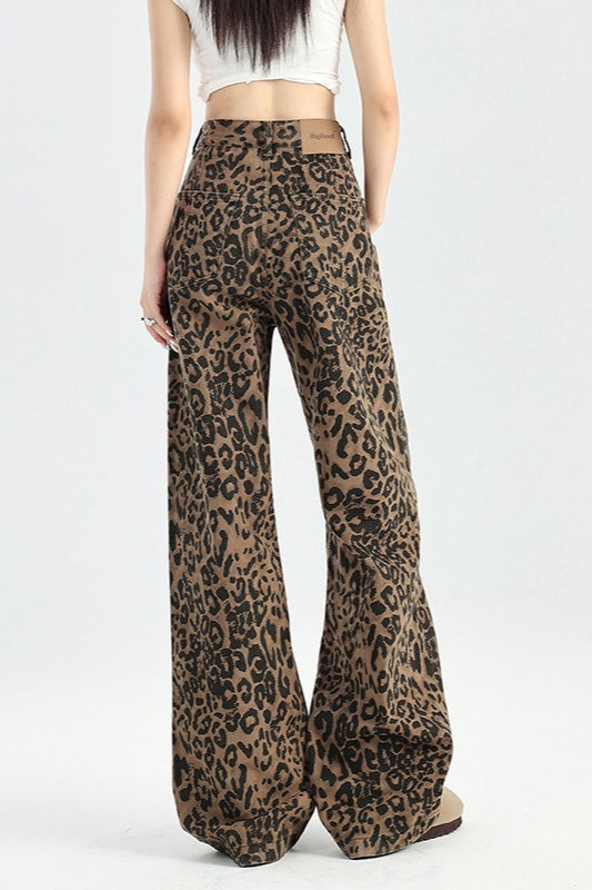 Leopard Print High Waist Fleece Lined Wide Leg Straight Jeans Secondary image