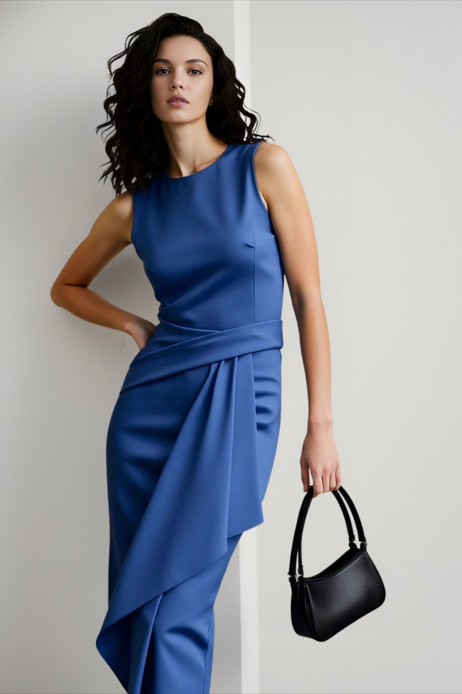 Solid Waisted Sleeveless Asymmetrical Long Work Dress Main image