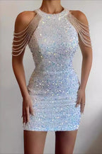 Crystal Fringe Halter Sequin Bodycon Cocktail Dress