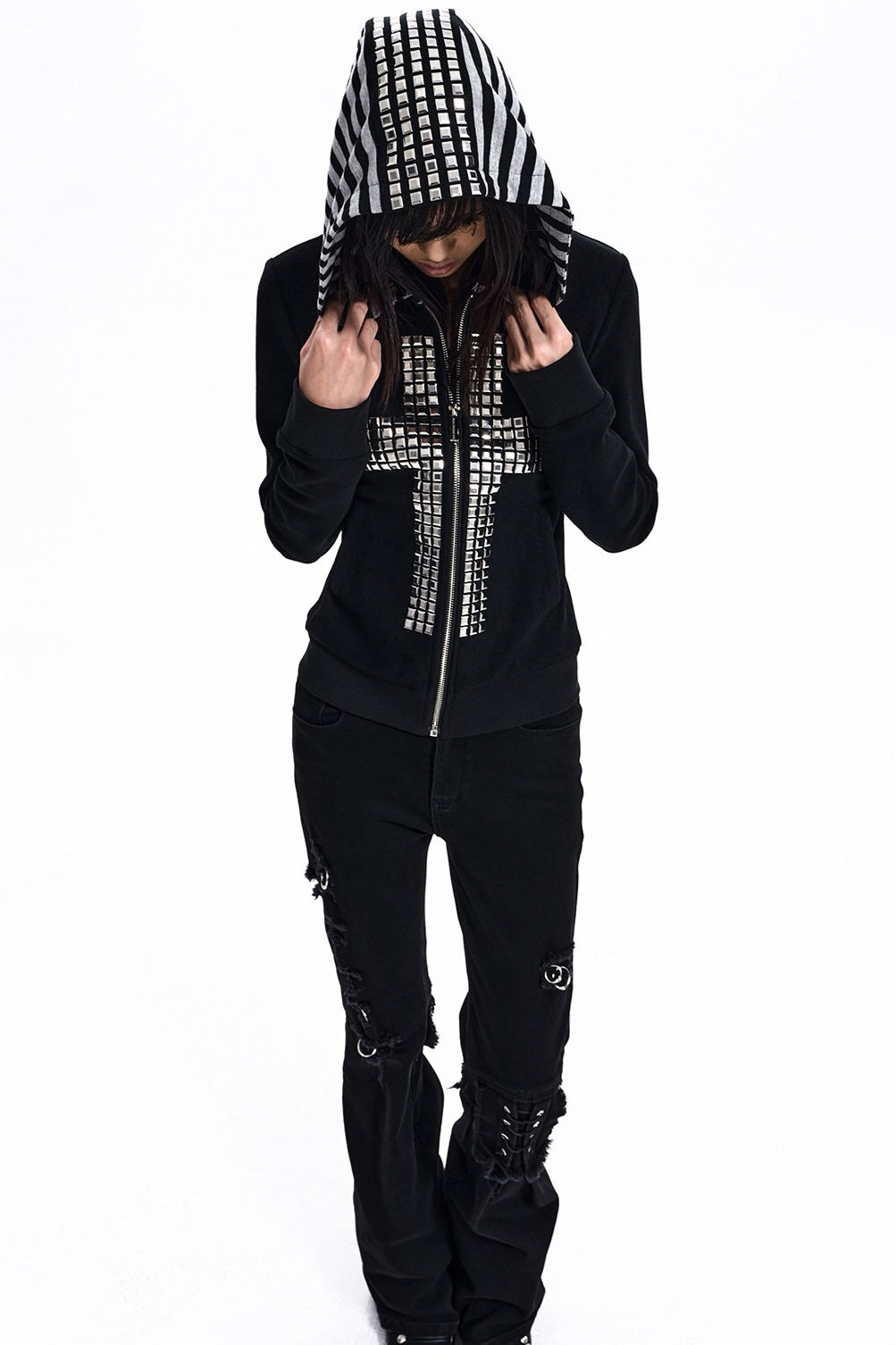 Rhinestone Cross Fitted Zip Up Hoodie