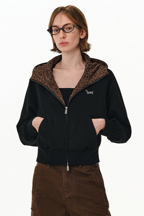 Pink Leopard Lined Cropped Zip Hoodie