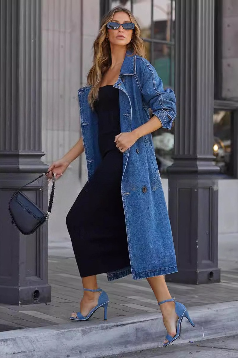 Denim Cotton Solid Double Pocket Button Loose Overcoat Main image