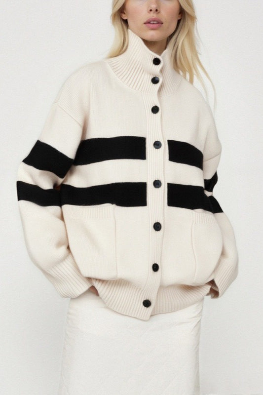 High Neck Color Block Stripe Cardigan Main image