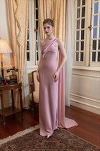 One Shoulder Cape Satin Split Maxi Dress