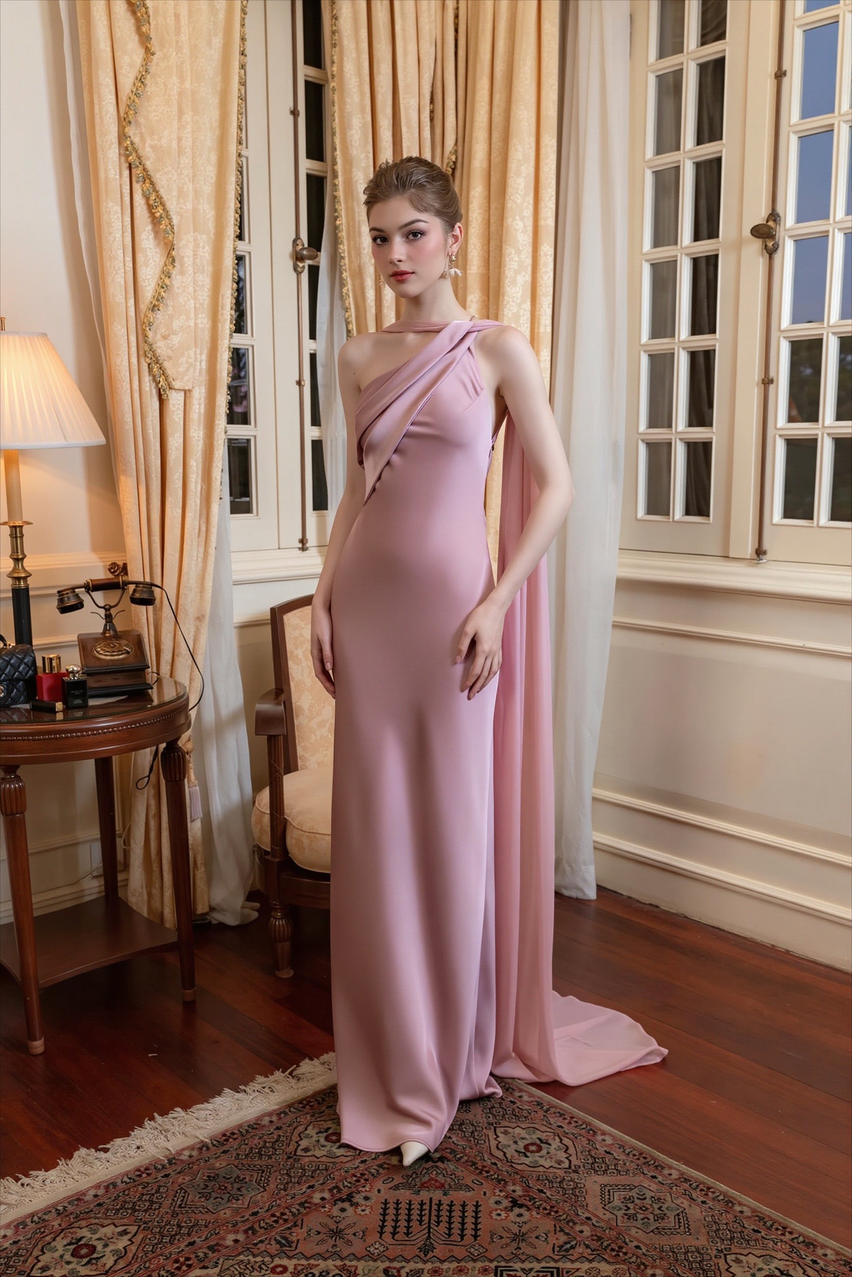 One Shoulder Cape Satin Split Maxi Dress