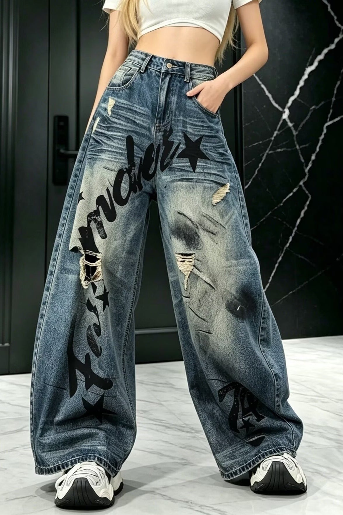 Distressed Letter Print Baggy Streetwear Jeans