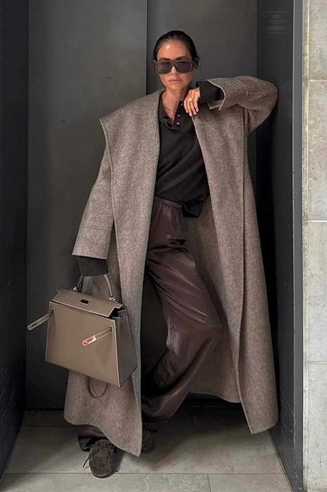 Wool Wide Lapel Cinched Waist Long Overcoat Main image