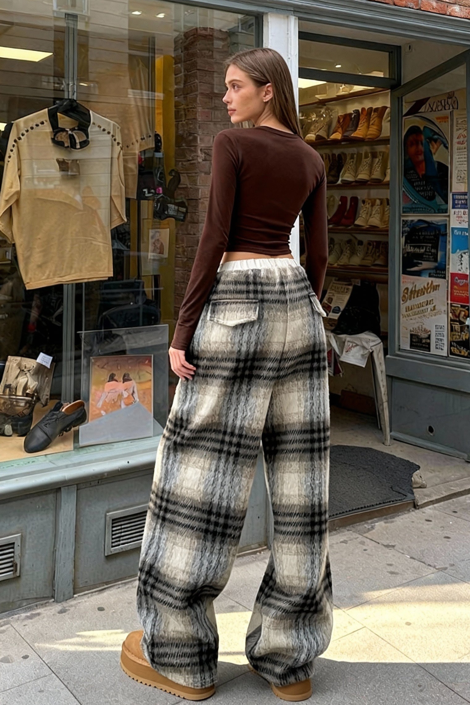 Loose Fit Woolen Plaid Wide Leg Pants Secondary image