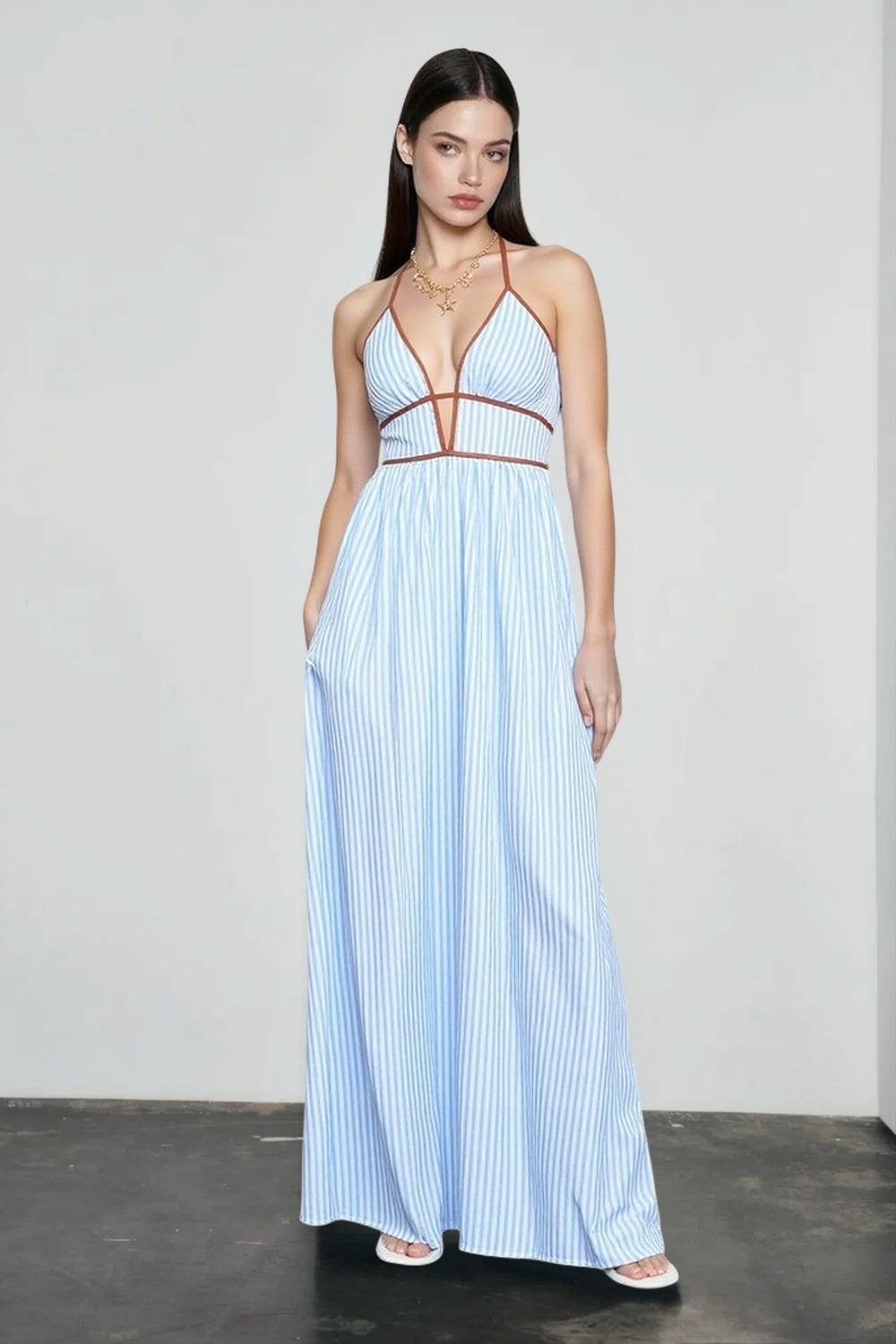 Deep V Striped Halter Vacation Dress Main image