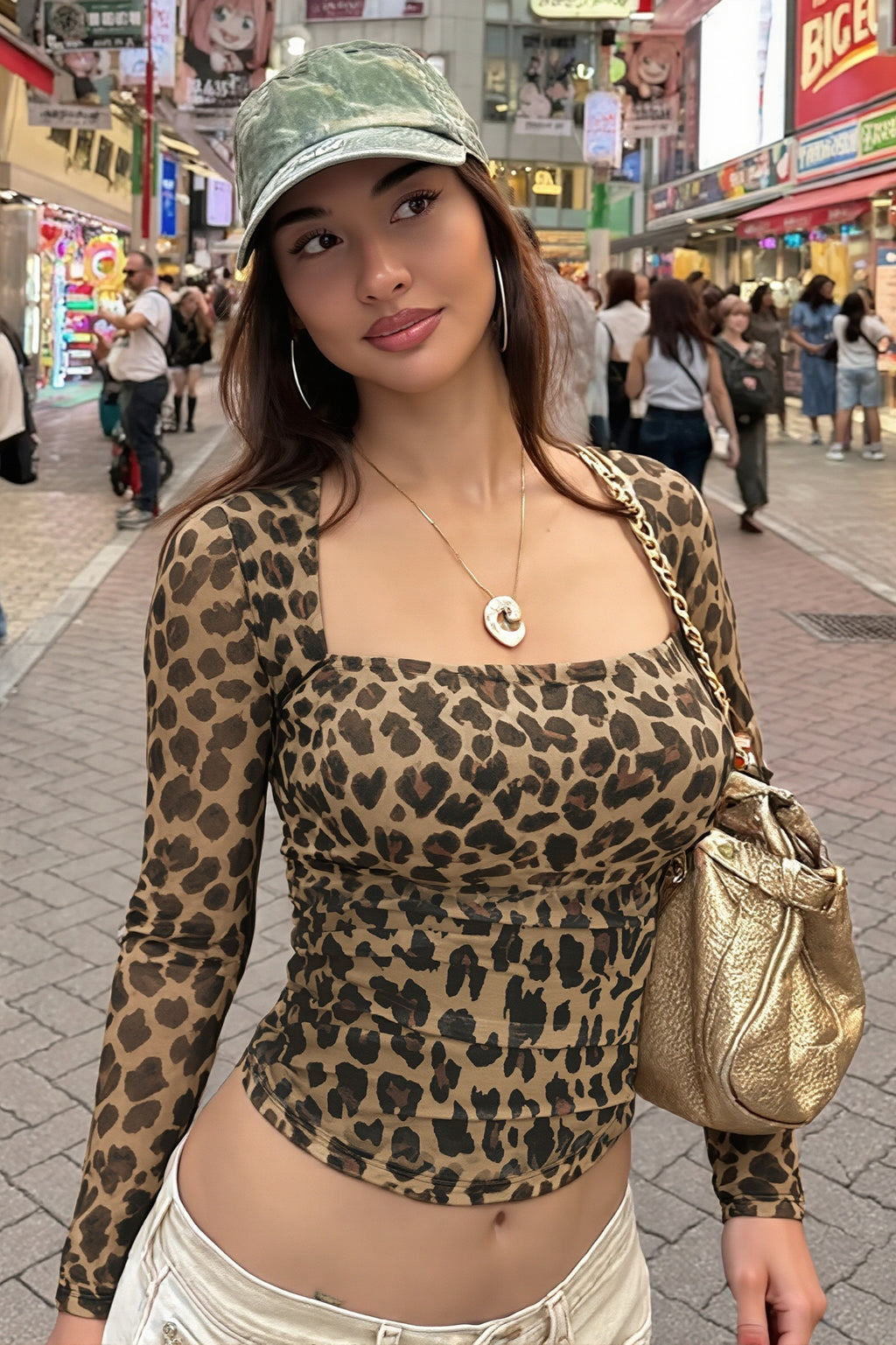 Leopard Mesh Long Sleeve Fitted Crop Top