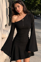 One Shoulder Ruched Flared Sleeve Asymmetric Mini Dress