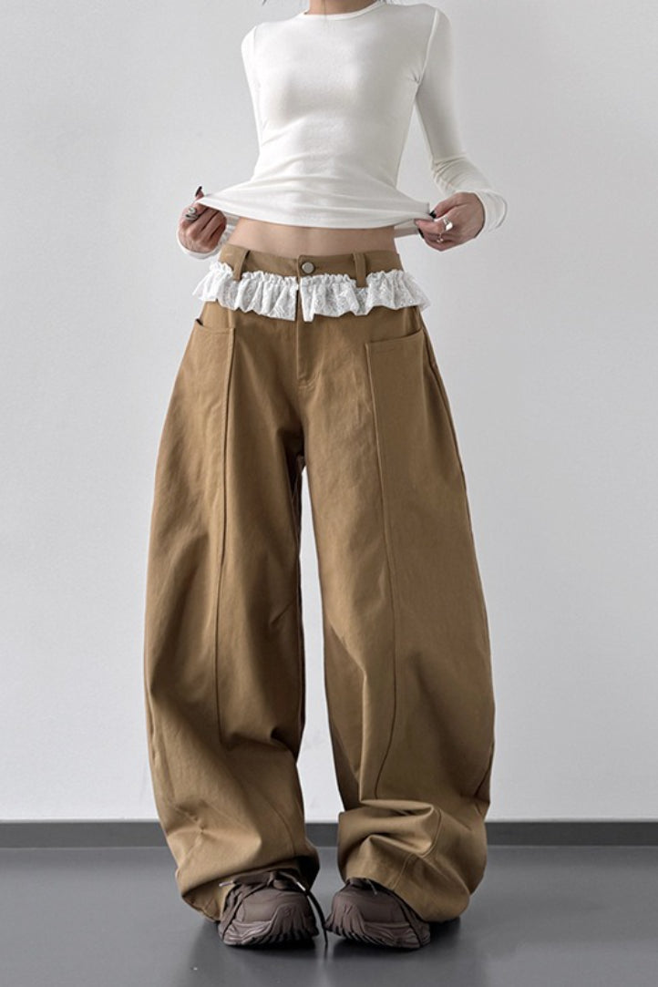 High Waist Lace Paneled Straight Wide Leg Floor Length Jeans Main image