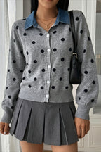 Polka Dot Denim Collar Button Cardigan Sweater