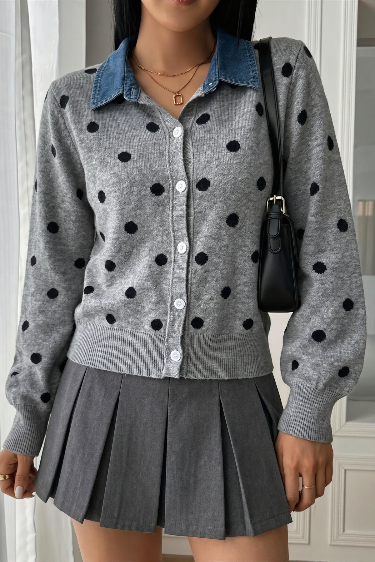 Polka Dot Denim Collar Button Cardigan Sweater