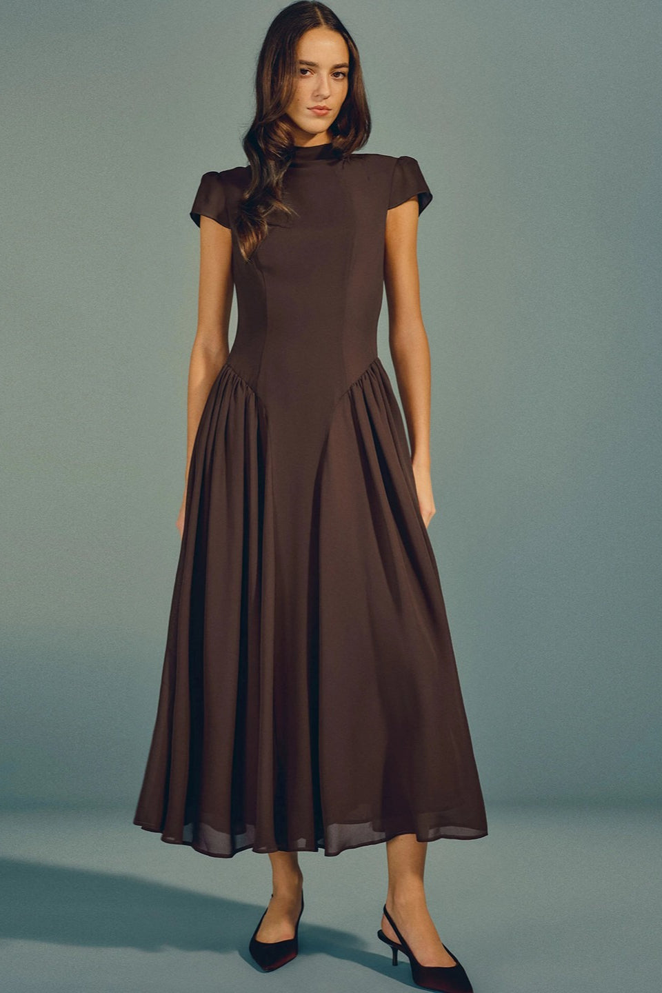Mock Neck Cap Sleeve Fit And Flare Maxi Dress