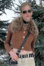 Brown Plush Collar Cropped Button Cardigan Sweater