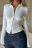Ruched Front Fitted White Long Sleeve Blouse