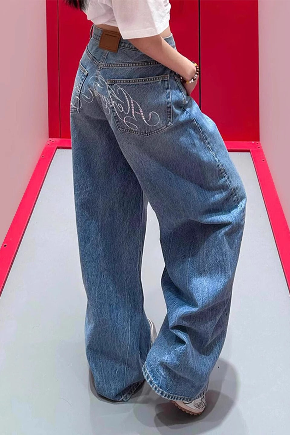Rhinestone Letter Wide Leg Bootcut Loose Trendy Jeans Secondary image