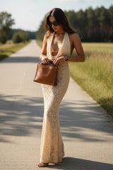 Tie Neck V Neck Backless Lace Dress