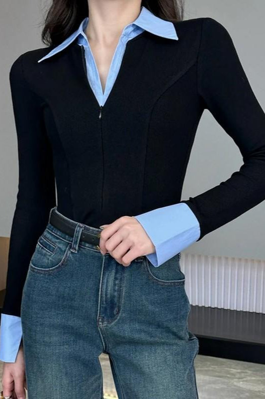 Polo Neck Slim Faux Two Piece Knit Long Sleeve Blouse Main image