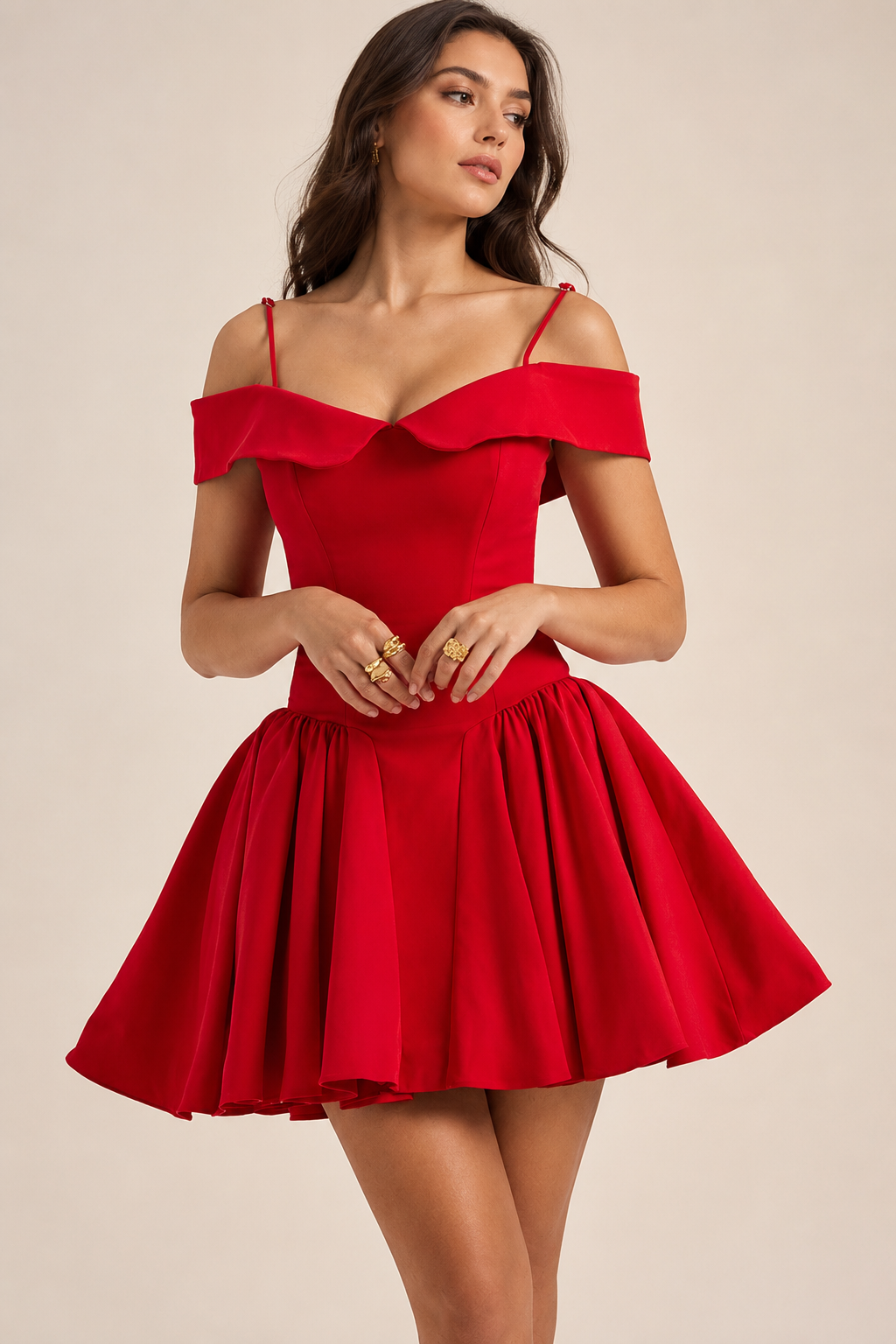 Off Shoulder Lapel Waist Cinch Ballet A Line Slip Dress Secondary image