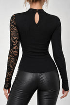 Lace Cutout Mock Neck Asym Blouse