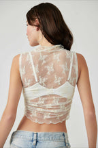 Sheer Lace High Neck Sleeveless Crop Top