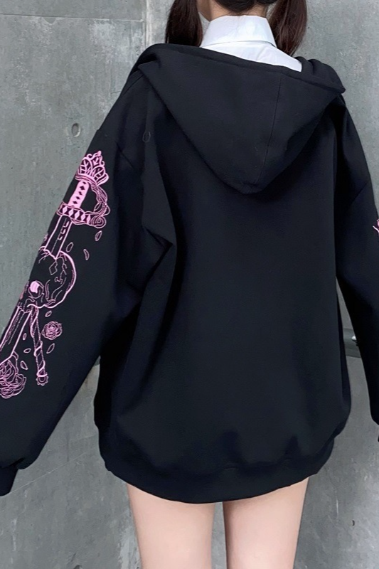 Printed Zip Vintage Black Casual Sporty Hoodie Main image