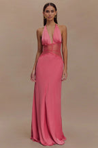 Deep V High-Waist Halter Backless Midi Silk Dress