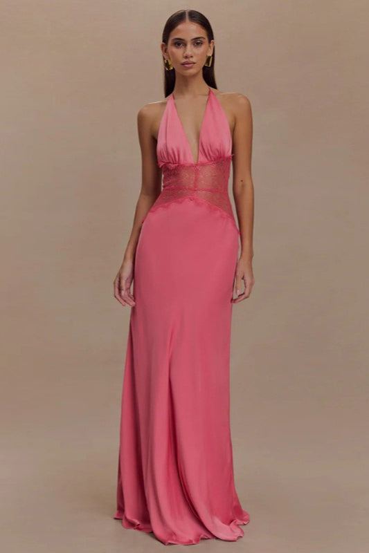 Deep V High-Waist Halter Backless Midi Silk Dress